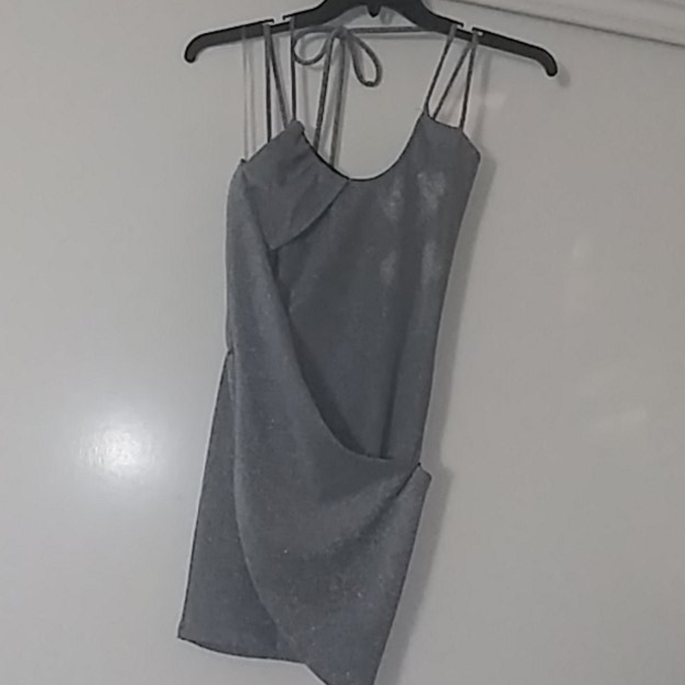 Silver Shiny Open Shoulder Neck Tied Knit Dress